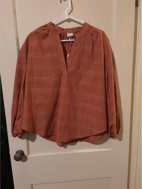 A New Day Orange Plaid Split-Neck Blouse Size L